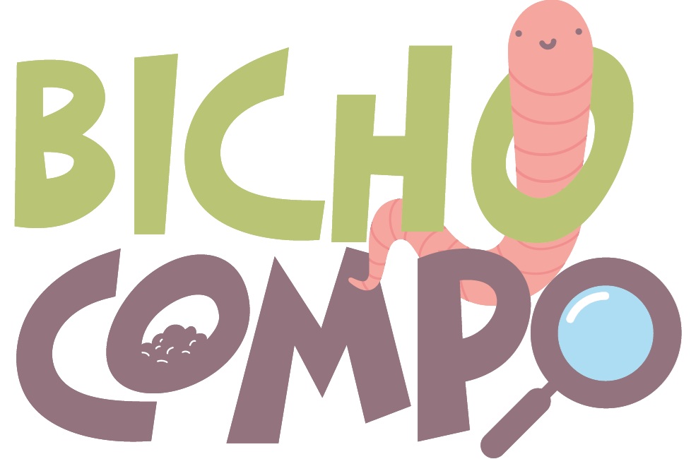 Texto colorido que dice 'Bicho Compo' con un gusano sonriente y una lupa.