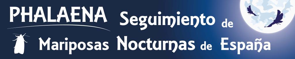 Logo de PHALAENA con el texto 'Seguimiento de Mariposas Nocturnas de España', acompañado de ilustraciones de mariposas y una luna.