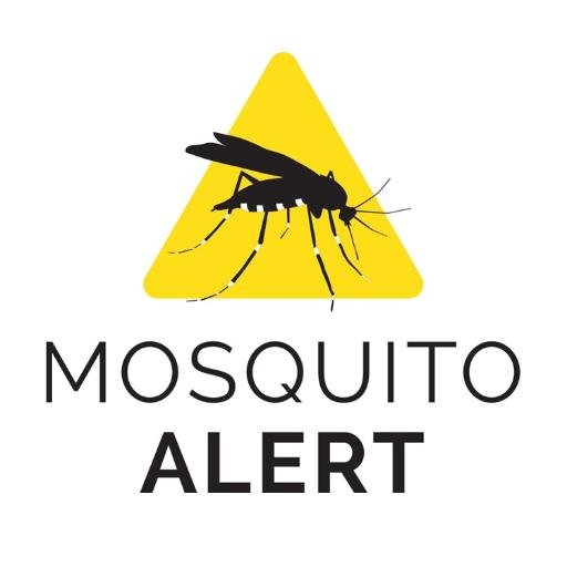 Logo de Mosquito Alert con un mosquito negro sobre un triángulo amarillo y el texto 'MOSQUITO ALERT' en negro.